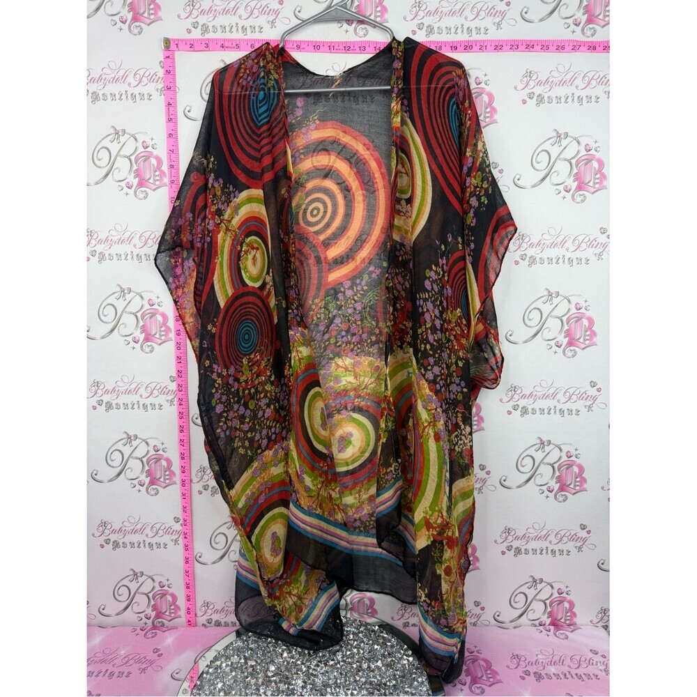 Kimono cardigan coverup Sheer Multi‑Color Spiral Print Kimono